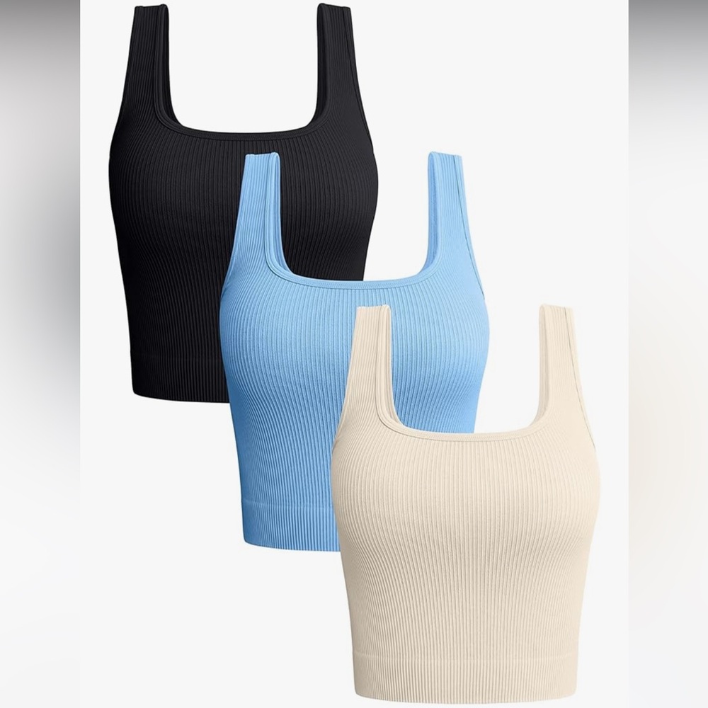 OQQ 3 Women's Ribbed Cropped Tank Tops - Black, Blue, Cream